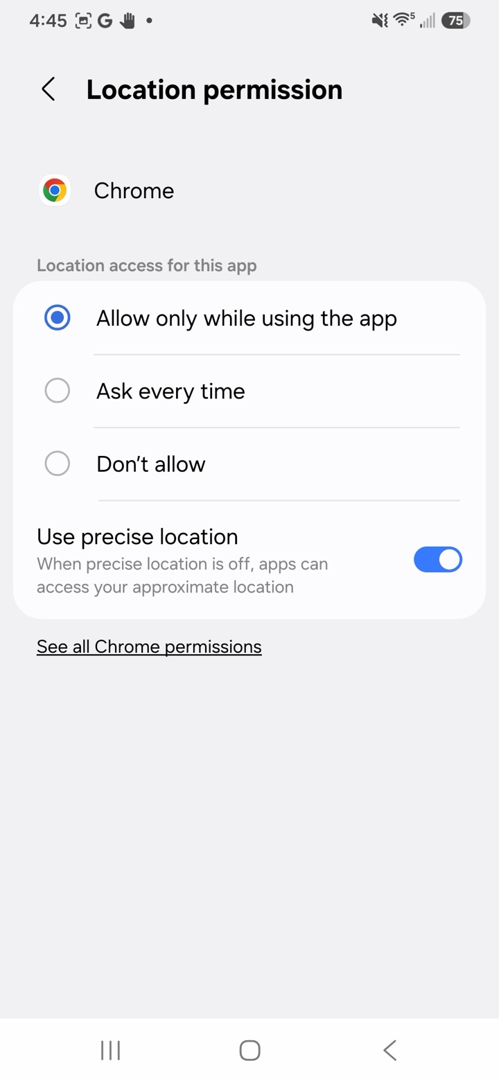 Chrome location permission screen