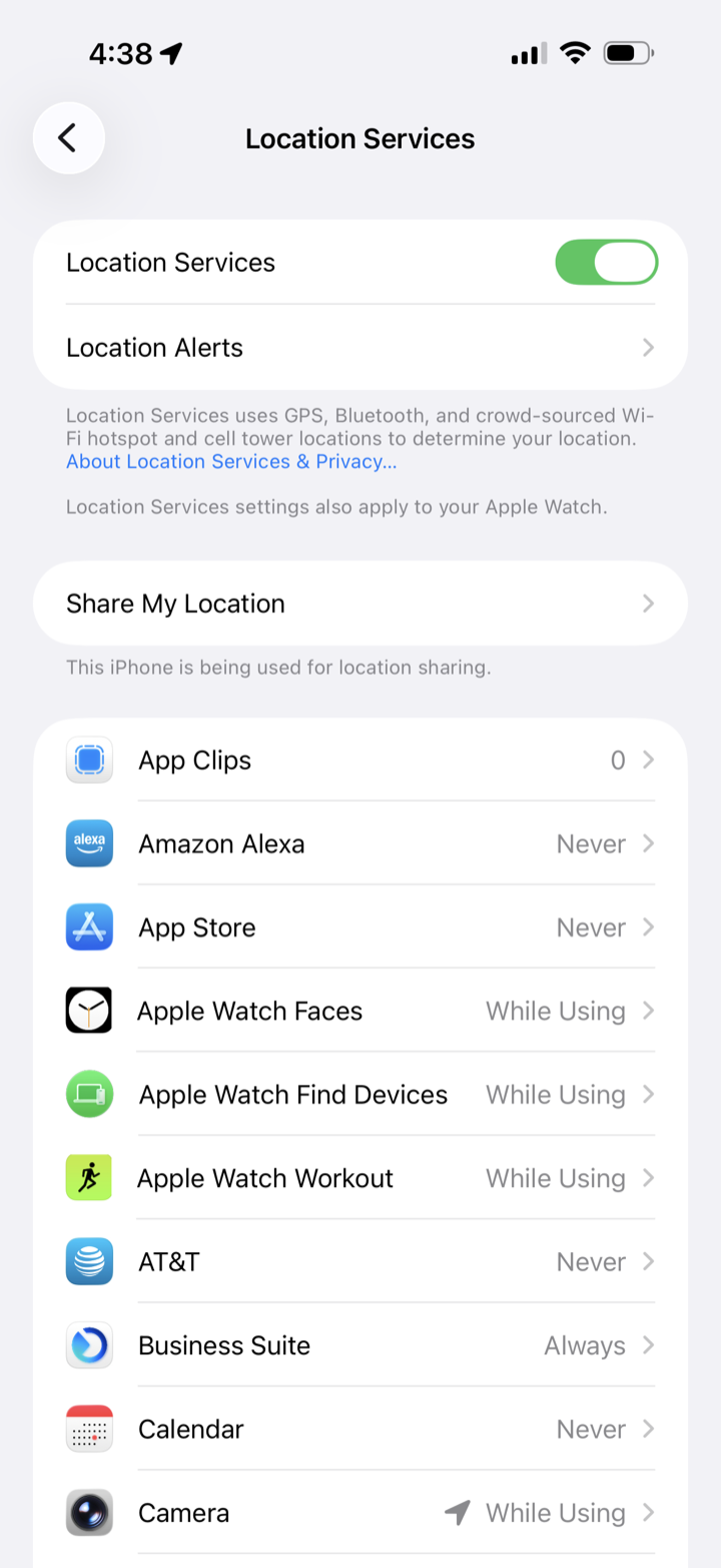 Location Services list