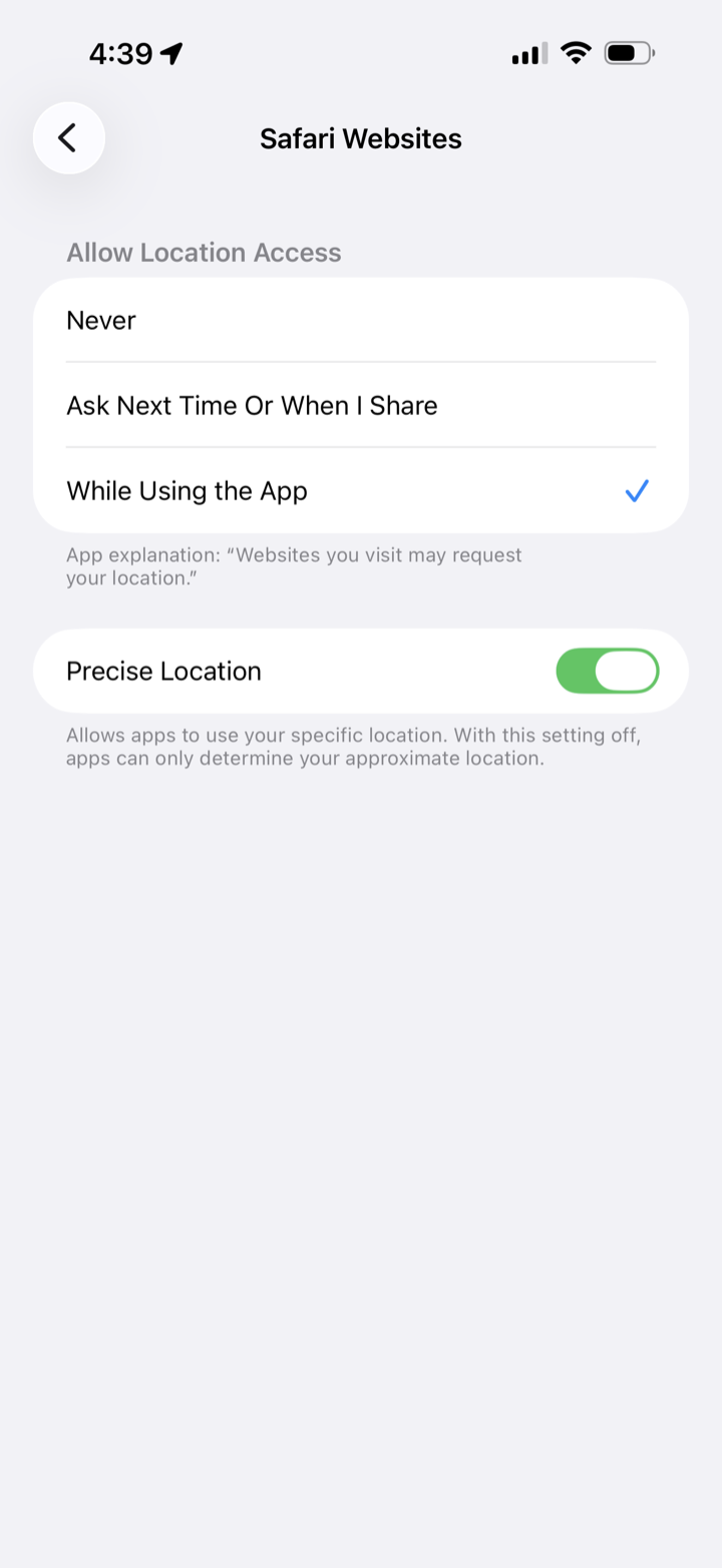 Safari Websites screen